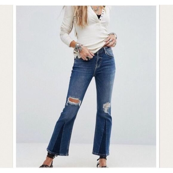 Free People Jeans Women’s‎ Size 28 Blue Wide Leg Bell Bottom Retro Western pb1 - Picture 1 of 9